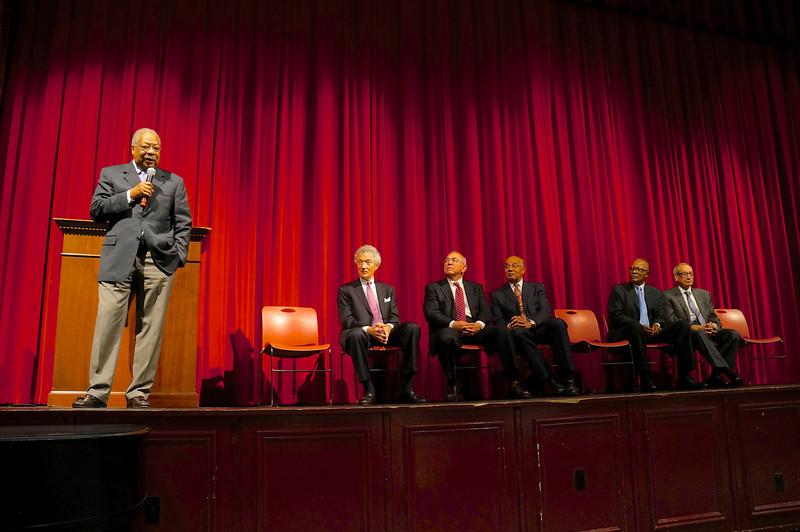 Rutgers+University+professor+Clement+Price+Ph.D+speaks+in+front+of+the+school+on+stage+with+esteemed+guests.