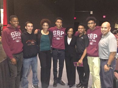 Figure 1(left to right) Walter Barnes (SY), Tristan Farinhas (SY), Kimm Beavers (Actress/ Co- Producer), Scott Bamberg (SY), Gina Taliaferro (Actress), Farrad Williams (SY), Leo Smith (SY) and Glenn Cassidy (Dean of Student Life).