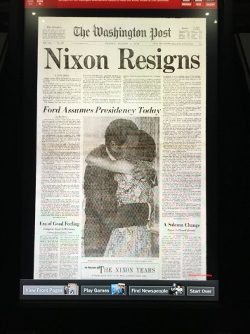 The Newseum has archived copies of every front page of almosts every daily newspaper in the world. Above is an archived copy of the front page of the Washington Post the day that Nixon resigned from the Presidency.