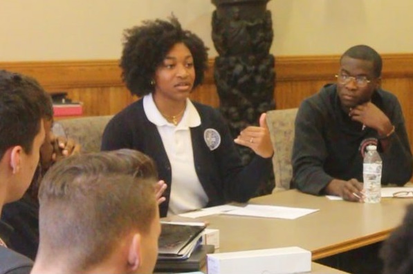 Seniors Jamal Kareem and Simone Richardson of Benedictine Academy leading a discussion about respect.