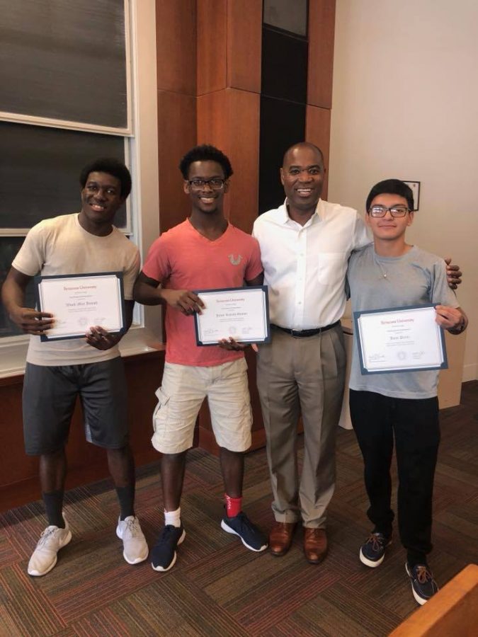 Syracuse+University+Professor+Jeff+Mangram+%28third+from+left%29+celebrates+completion+of+the+summer+program+with+SBP+Seniors+%28from+left%29+Wood-May+Joseph%2C+Jules+Gouton%2C+and+Juan+Perez.