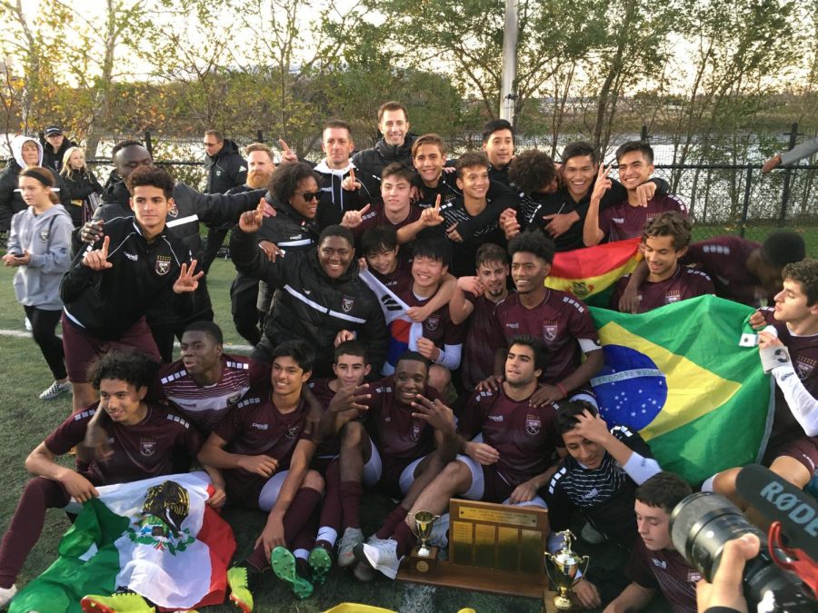 The SBP Varsity Soccer Team celebrates its final victory of its successful season.