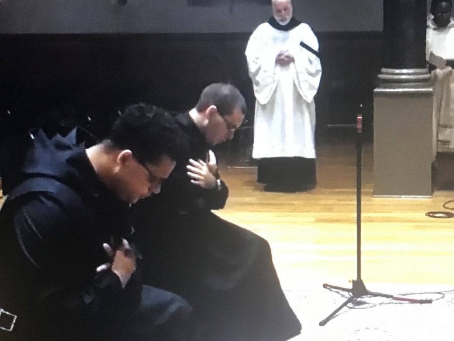Benedictine monks Br. Simon Clayton (left) and Br. Asiel Rodriguez of Newark Abbey professed their solemn vows Saturday , committing their lives to the monastery